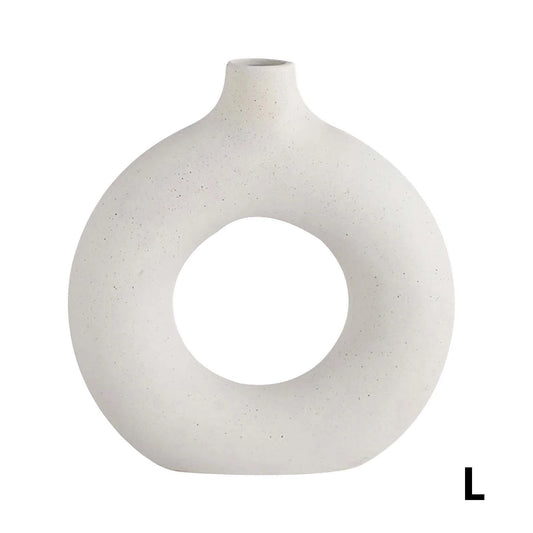 9.17” Donut Shaped Beige Ceramic Circle Vase